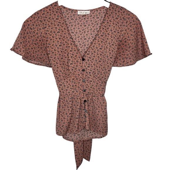Tops - Pink Floral Short Sleeve Silk Button Up Blouse with Bow Size S